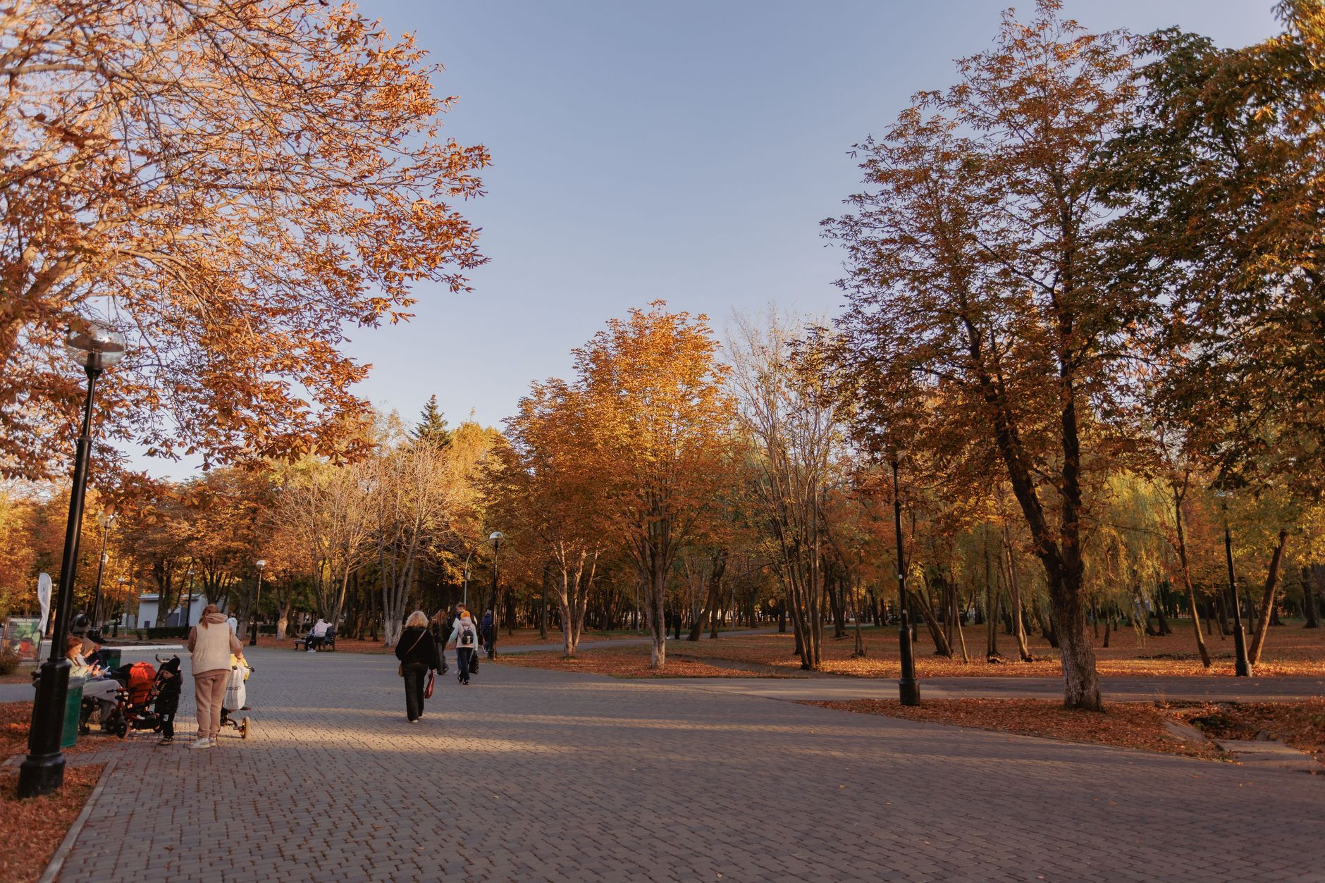 family walking autumn park path